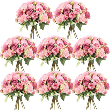 Bundles Artificial Peonies Flowers,Russet Red, Light Pink - Set of 8