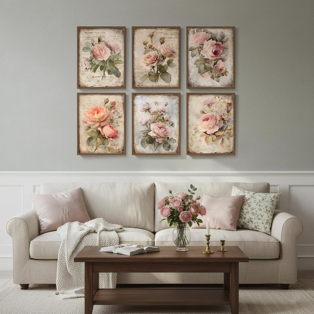 Framed Vintage Floral Wall Art, Set of 6 Boho Pink Rose Flower Canvas Painting Prints Artwork for Rustic Farmhouse