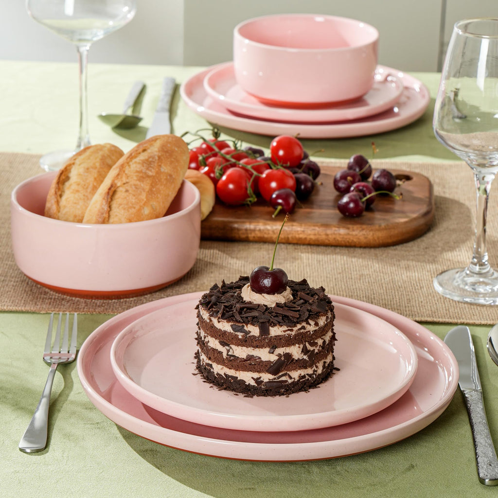 12 Piece Ceramic Plates and Bowls Sets for 4, Elegant Pink