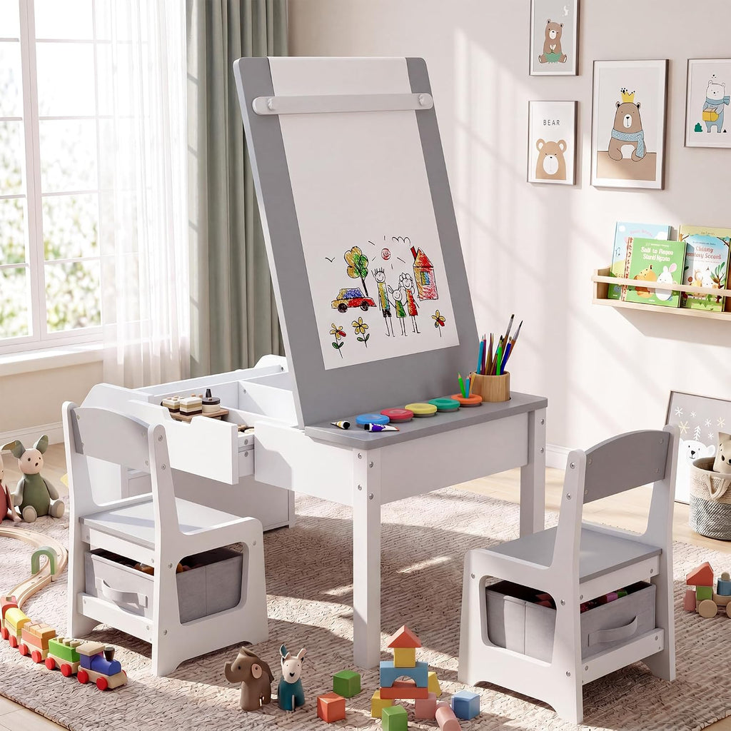 In-1 Kids Table and Chairs, Toddler Table and Chair Set with Drawers, Convertible Craft Play Desk with Art Easel &