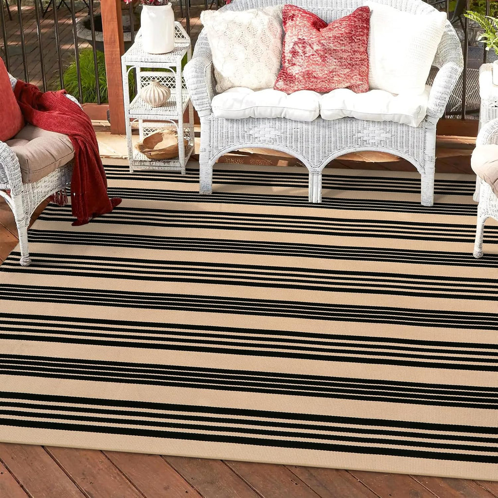 Outdoor Patio Rug 5'x7', Black and Tan Striped Outdoor Rugs Machine Washable Area Rugs Cotton Hand W