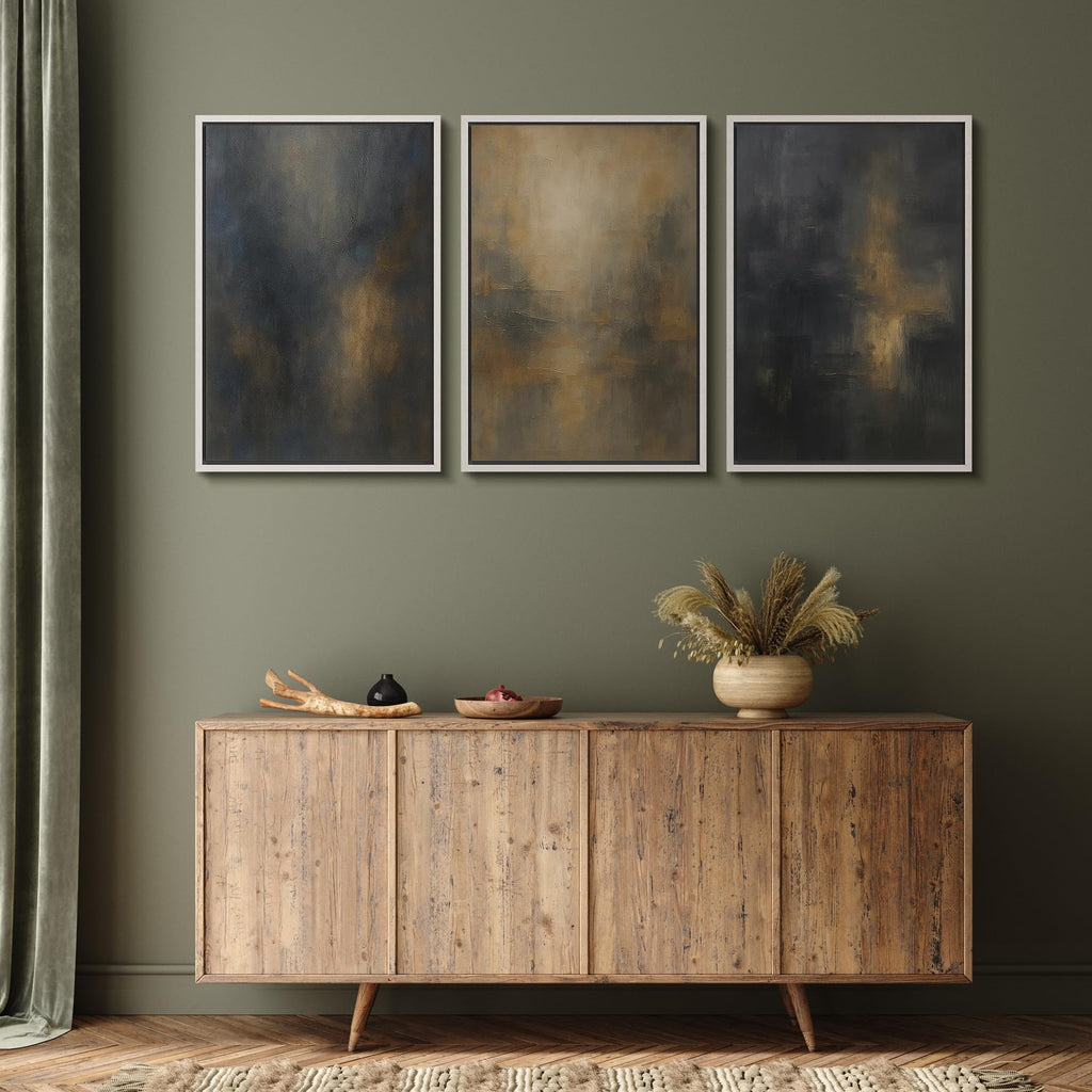 Framed Wall Art Print Set Dark Abstract Modern Contemporary in Navy Blue and Gold Brushstrokes Illustrations Modern