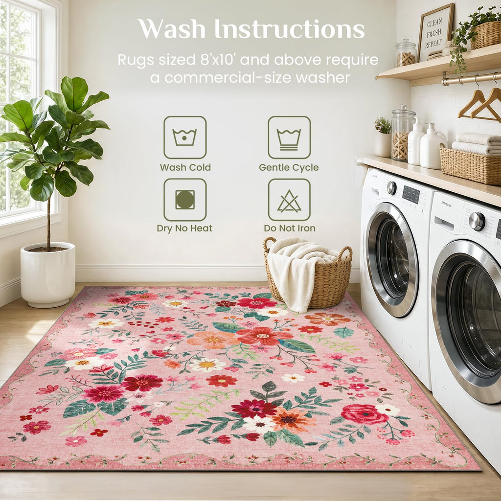 Floral Runner Rug 2x8, Washable Rug, Pink