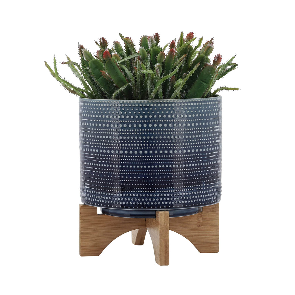Dotted Decorative Planter Pot with Wood Stand - Ceramic Stoneware Outdoor & Indoor Plant Pot with Drainage Holes