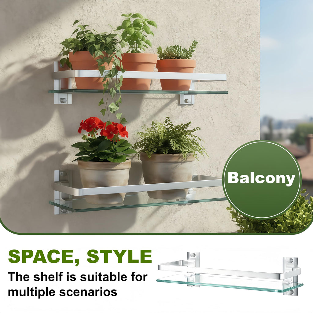 Bathroom Glass Shelf 15.7" Silver Wall-Mounted, Floating Metal Storage Rack