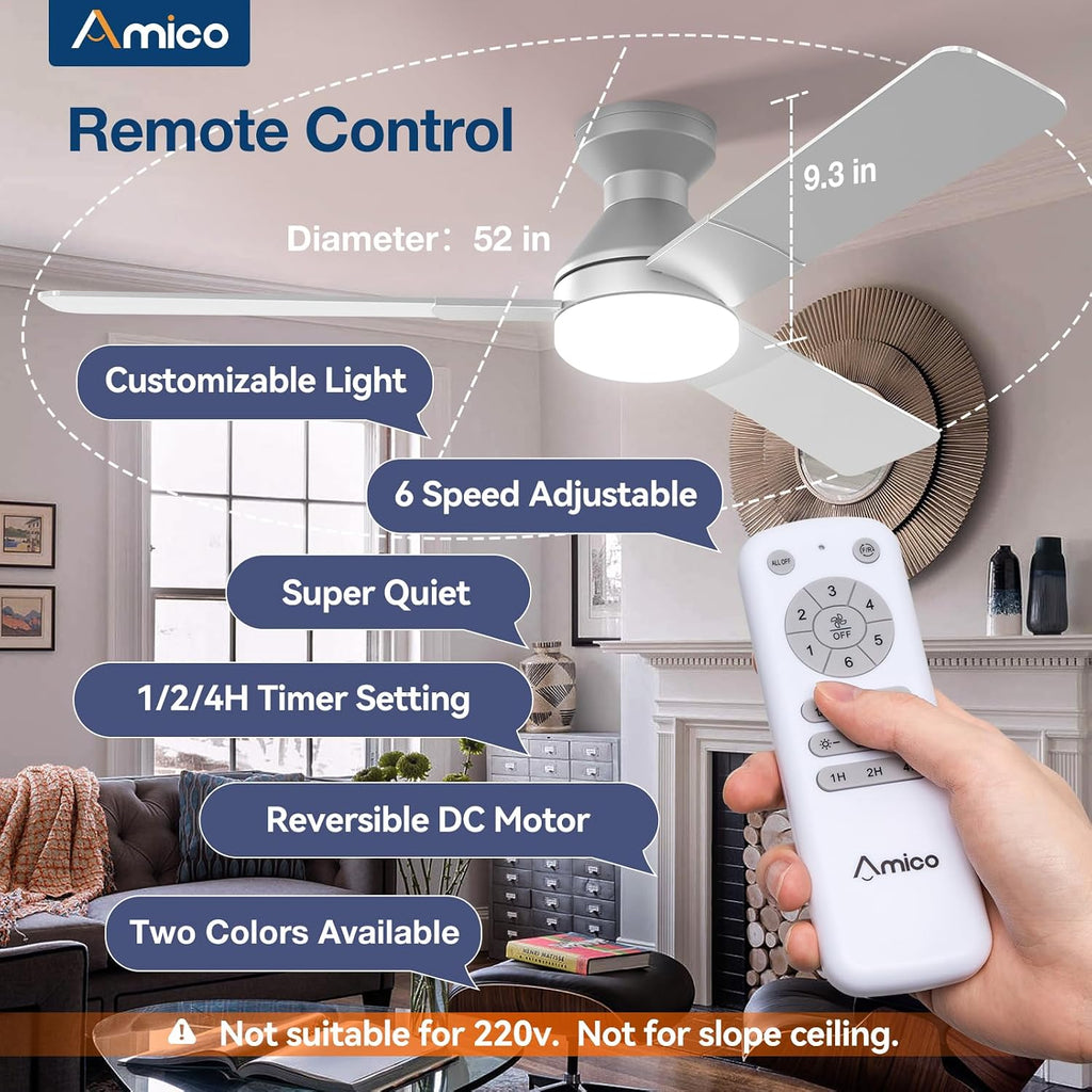 Ceiling Fans with Lights, 52 inch Low Profile Ceiling Fan with Light and Remote Control, Flush Mount, Reversible, 3CCT, Dimmable, Noiseless, Silver Ceiling Fan for Bedroom, Indoor/Outdoor Use A102-B0D87BJZ37