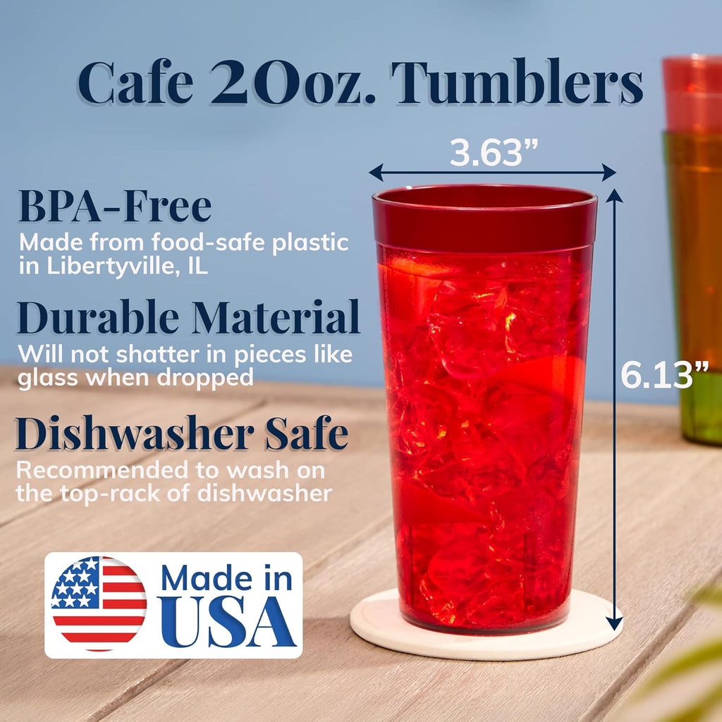 Cafe Plastic Reusable Tumblers (Set of 16) 20-ounce Water Cups Assorted Colors | Restaurant Style Drinking Glasses