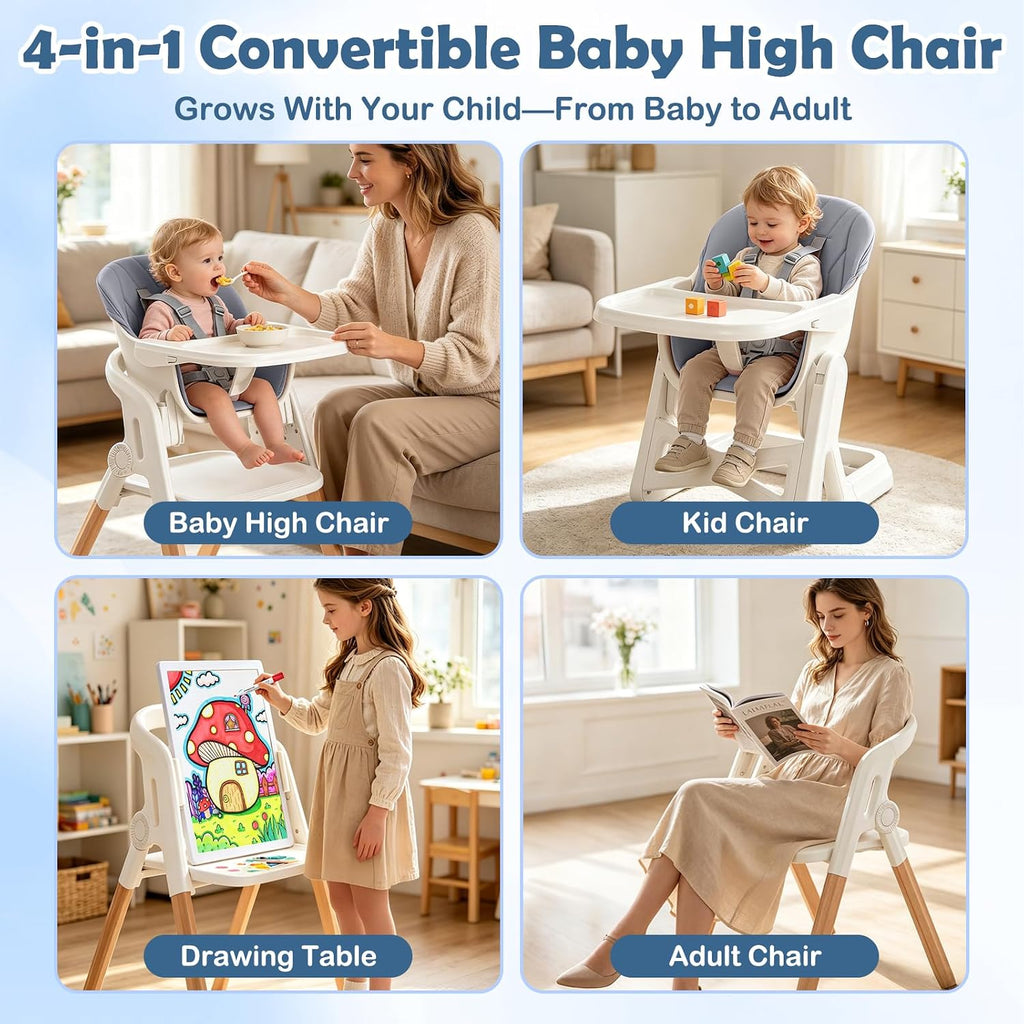 Foldable Baby High Chair, 4-in-1 Convertible Wooden Baby Highchairs (Beige)