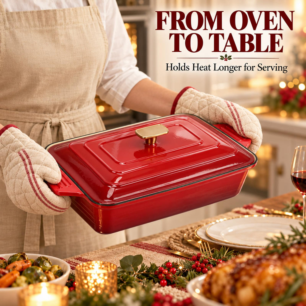 4 QT Enameled Cast Iron Casserole Dish with Lid, Rectangular Lasagna Pan