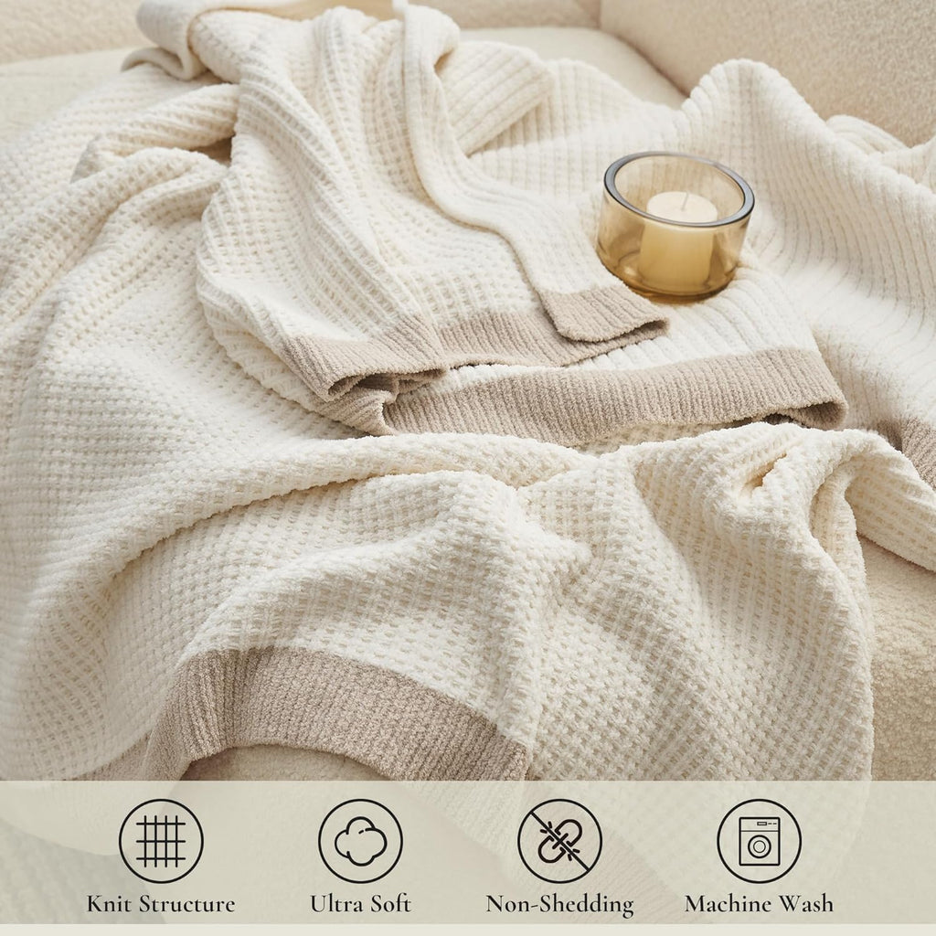 Chenille Throw Blanket, Soft Cozy Waffle Throw, Warm Yet Lightweight, Breathable All-Season Throws for Women Men
