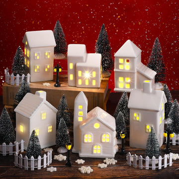 39 Pieces LED Lighted Ceramic Winter Village Building Figurines and Accessories Desktop Ornament Set for Holiday