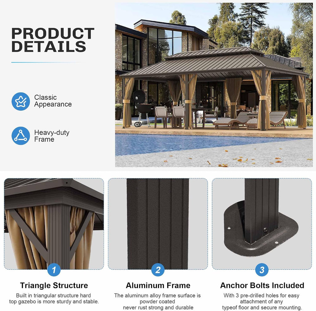14×20 ft Outdoor Gazebo with Double-Layered Galvanized Steel roof, Hard-top Canopy Featuring Curtains and mesh Panels
