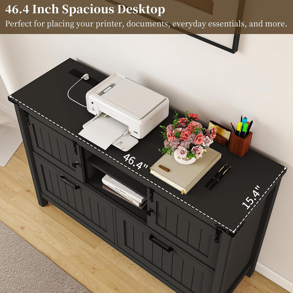 Lateral File Cabinet with Charging Station, Filing Cabinets | Farmhouse 2 Drawer Office Credenza with Outlets for