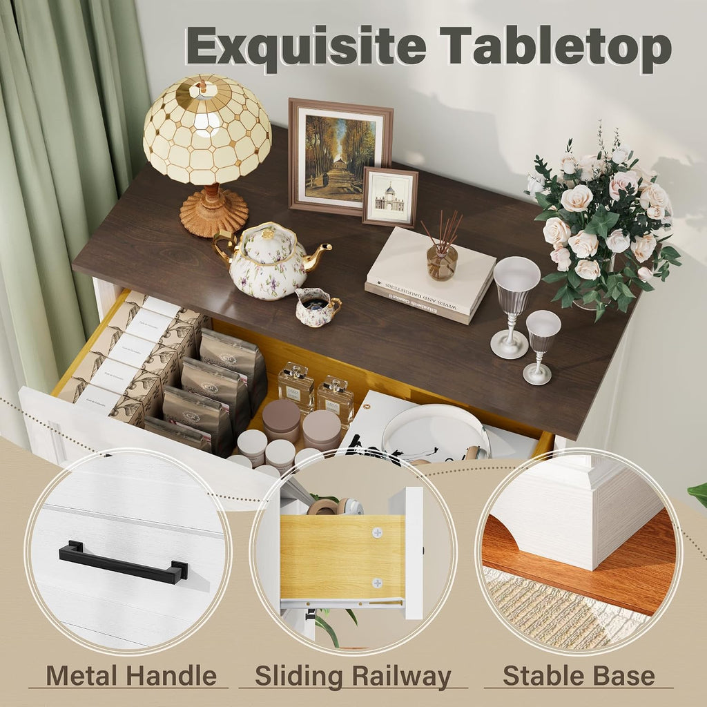 Tall Dresser ,Farmhouse 5 Drawers Dresser, Chest of Drawer Chest, Multi-Tier Clothing Storage Cabinet, White and Brown