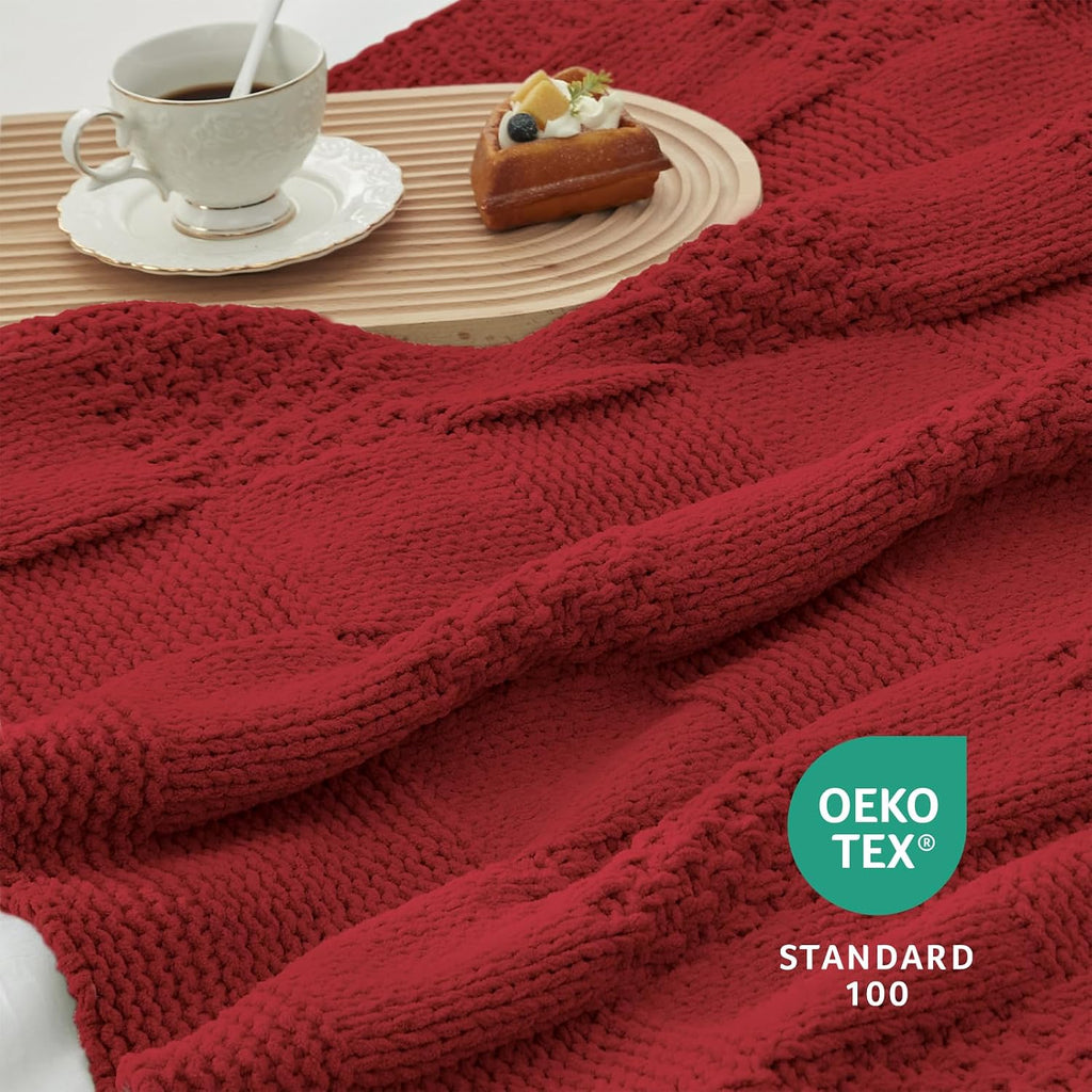 Checkered Knit Throw Blanket for Couch, Christmas Red, 50"x60"