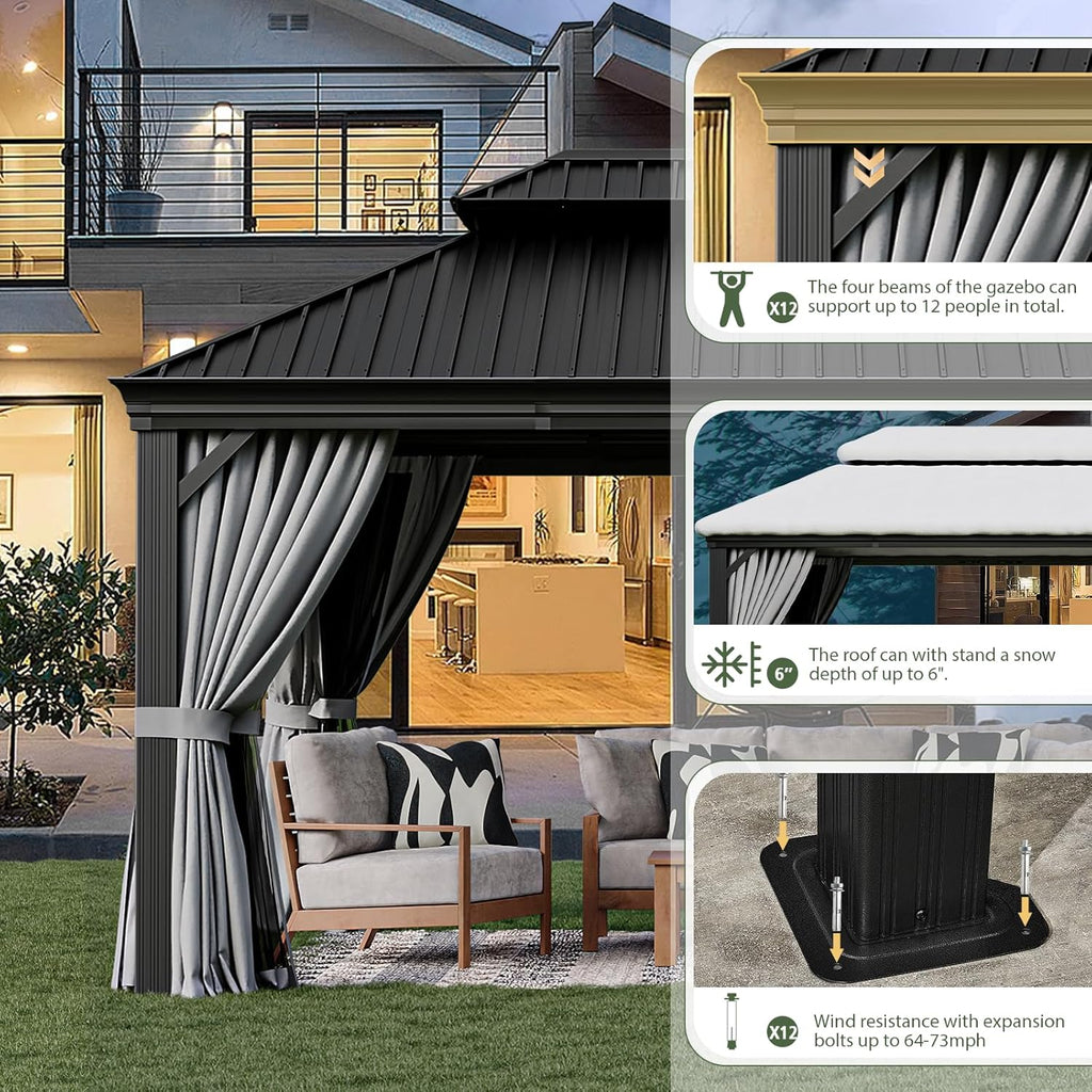 12' X 16' Permanent Hardtop Gazebo Aluminum Gazebo with Galvanized Steel Double Roof for Patio Lawn and Garden