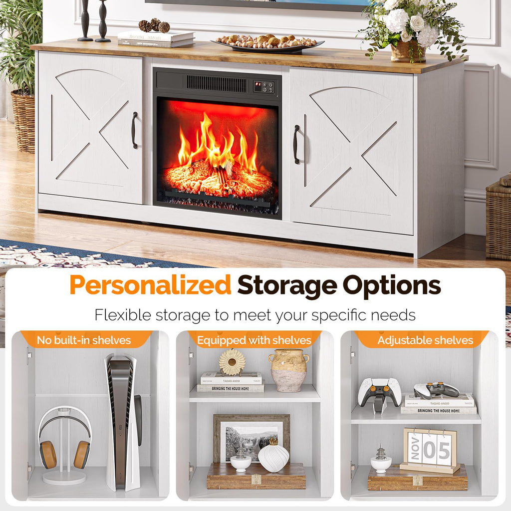 TV Stand with Fireplace and Barn Door for TVs up to 65", White
