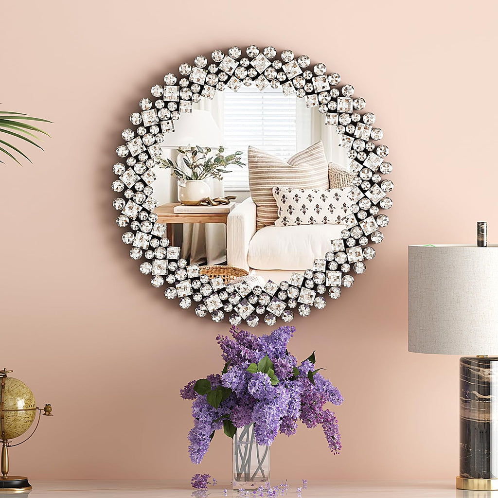 18" Round Mirrors for Wall Decor, Crystal Decorative Mirrors