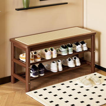 Bamboo Shoe Rack Bench with Rattan Seat, 3-Tier Shoe Storage Bench, Entryway Bench, Walnut-31.5 inches