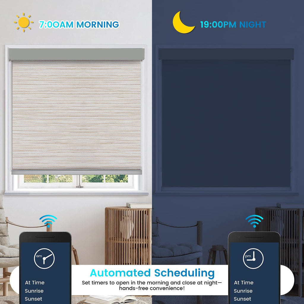 Motorized 100% Blackout Roller Shades - Custom Smart Blinds with Remote Control, Rechargeable Battery or Plug-in
