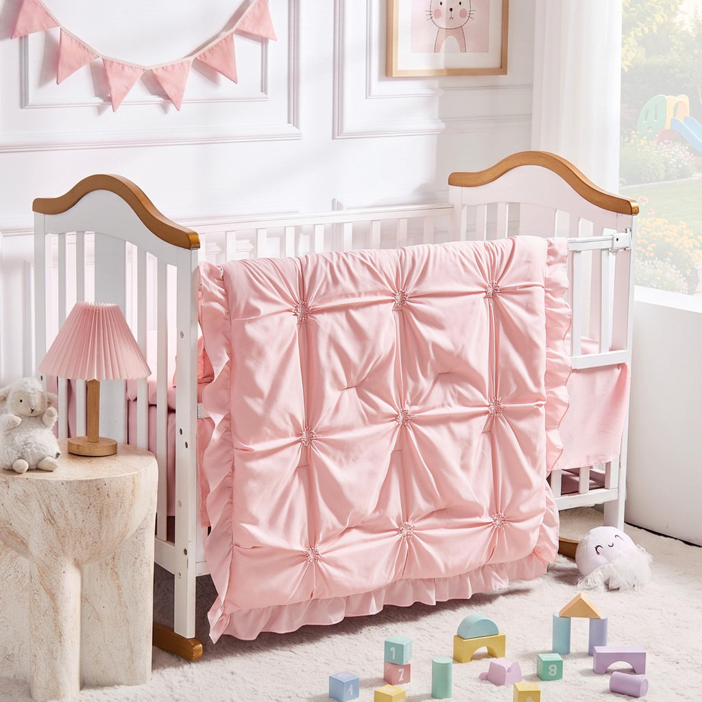 Princess Crib Bedding Set for Girls, 3 Piece Ruffles Jacquard Embroidery Baby Girl Crib Bedding Set Newborn, Infant &