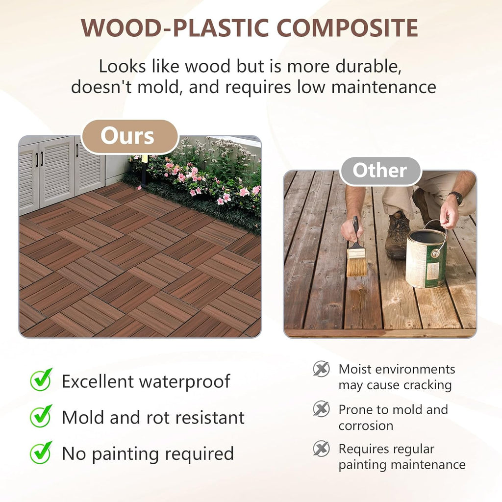 Interlocking Deck Tiles 9 PCS, 12" x 12" All-Weather Plastic-Wood Outdoor Patio Flooring Tiles for Indoor, Balcony