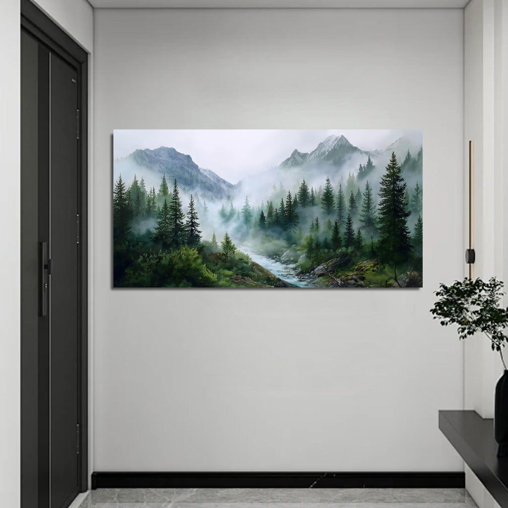 Large Misty Forest Wall Art Green Mountain Landscape Canvas Prints with Trees and River Modern Nature Artwork Office