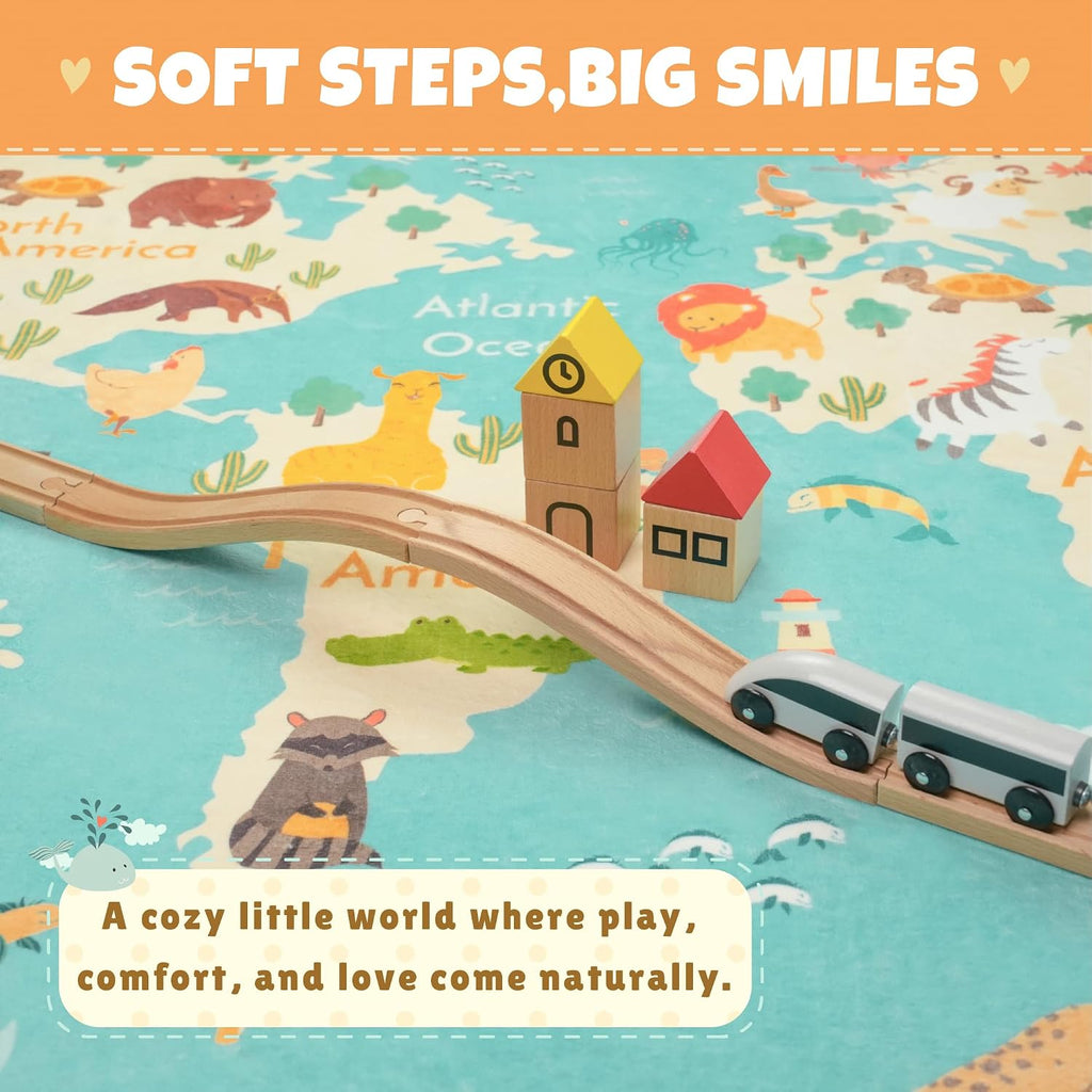 Washable Kids Playroom Rug - 5x7 Play Rug for Preschool Toddlers, Girls, Educational with Cute Animals - Non-Slip