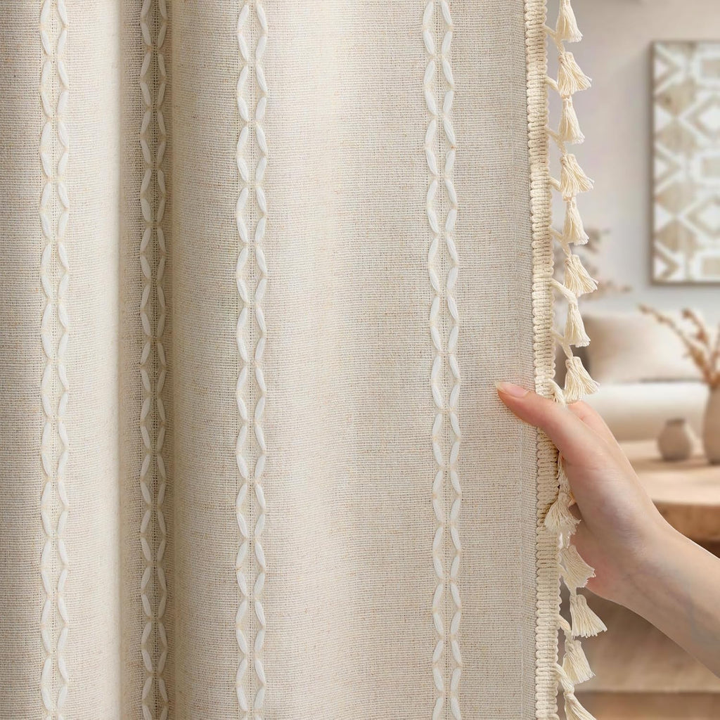 Boho 100% Blackout Curtains 84 Inch 2 Panels Linen Blend Beige