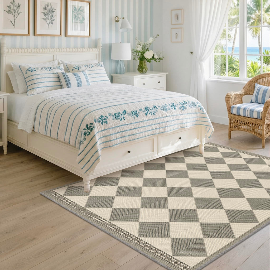 Diamond Corner Easy Jute Rug 4x6, Large Checkered Farmhouse Indoor Outdoor Patio Carpet for Backyard, Porch Decor