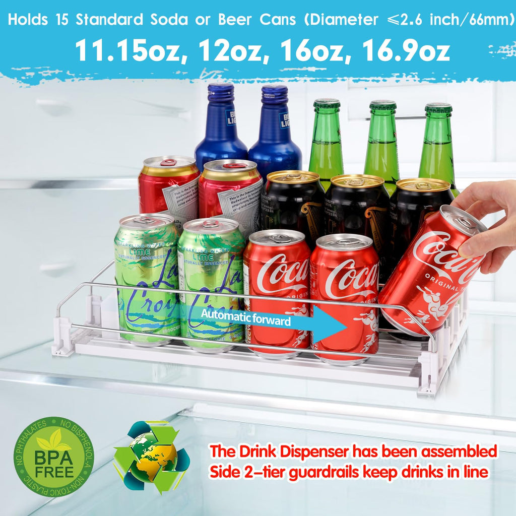 Automatic Drink Dispenser for Fridge, Holds 15 cans Soda, white