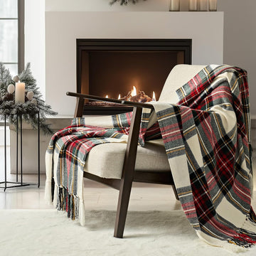 Chenille Christmas Throw Blanket, 50"x60", White Stewart Plaid
