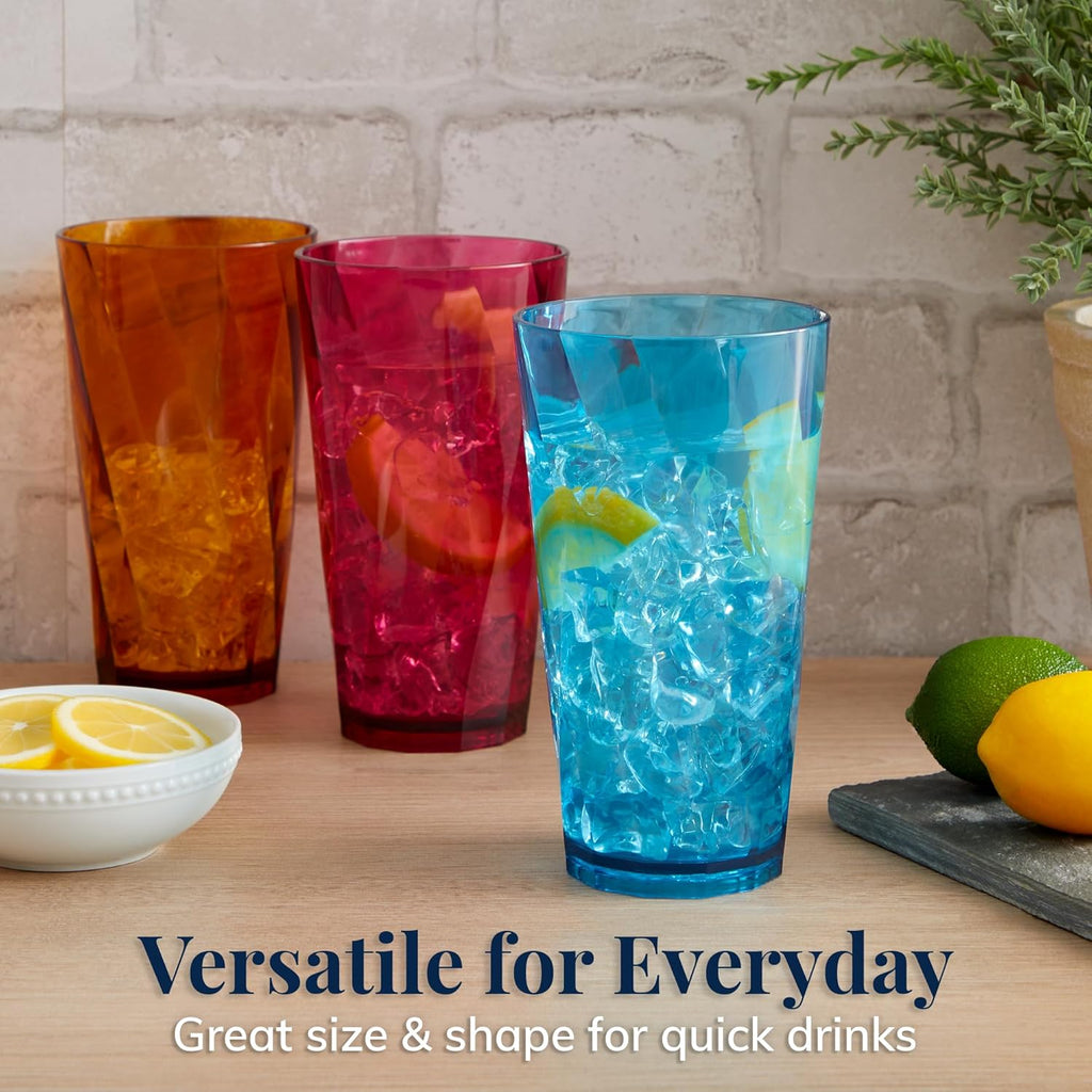 Optix Plastic Reusable Drinking Glasses (Set of 8) 20oz Water Cups in Jewel Tone Colors | BPA-Free Tumblers, Made in