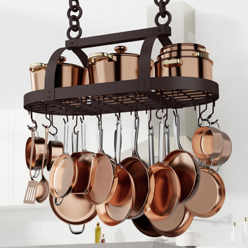34 Inch Oiled Bronze Hanging Pot Rack, Heavy Duty Oval Pot and Pan Hanging Rack Ceiling Mount, Pot Pan Hangers
