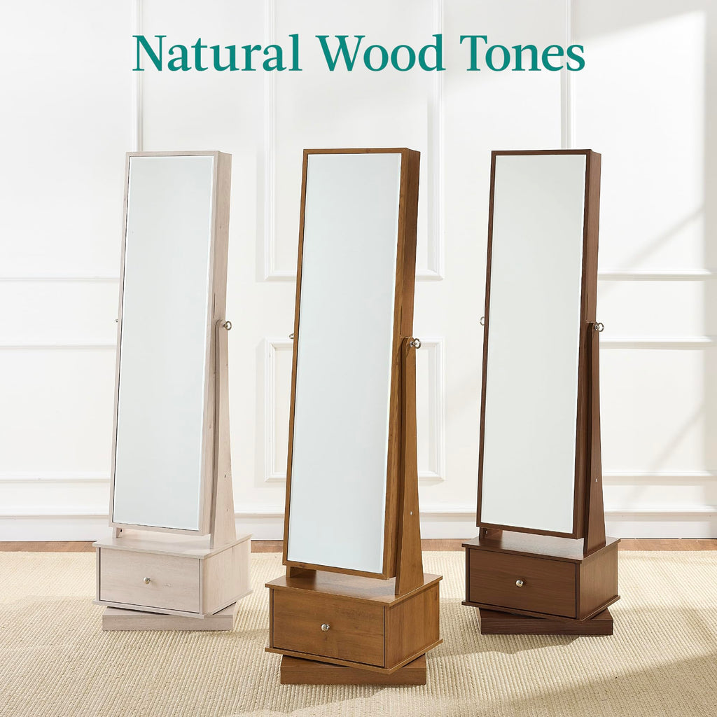 360 Swivel Mirrored Jewelry Cabinet, Standing Armoire, Makeup Storage Organizer, w/LED-lit Mirror, 3 Shelves - Rustic
