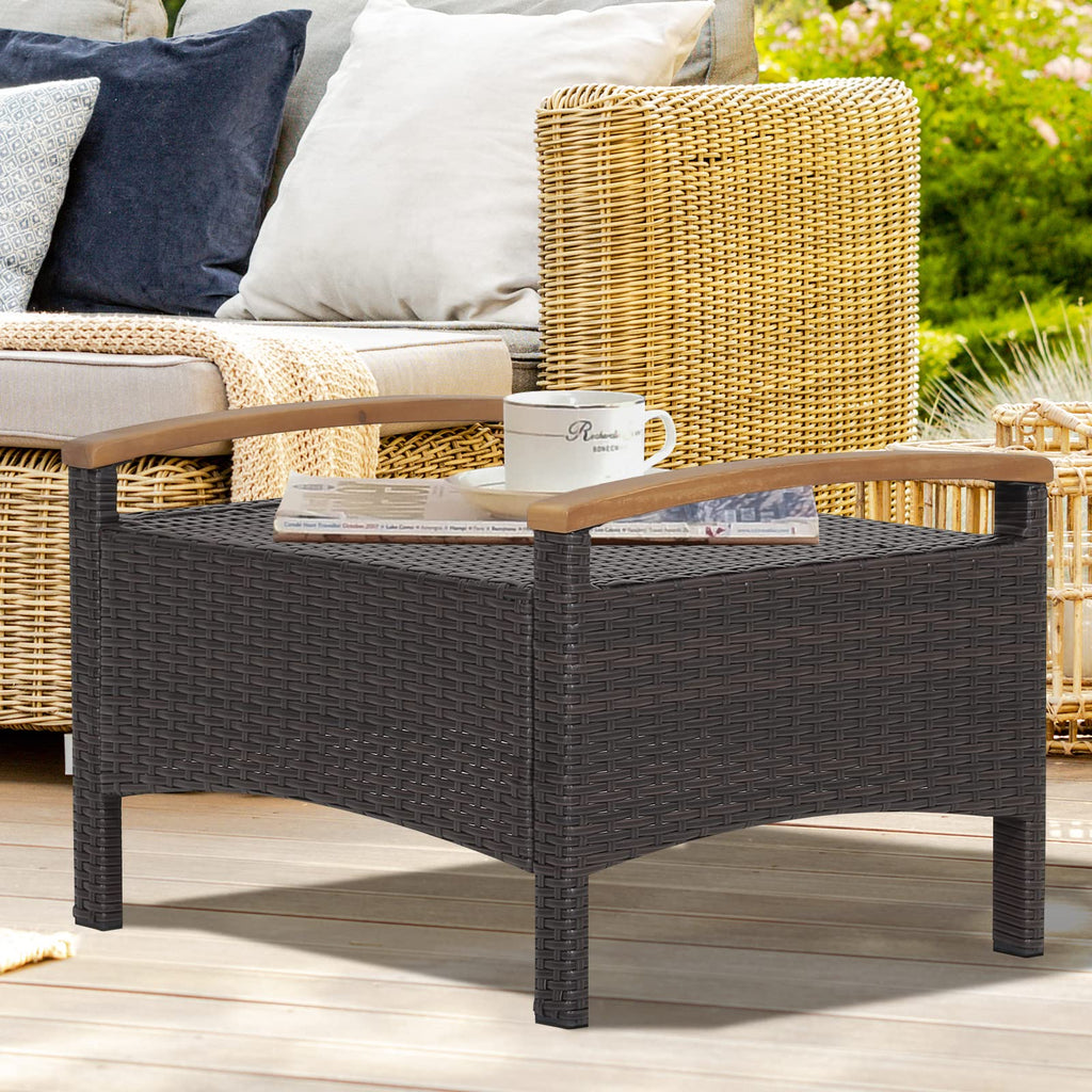 Outdoor Wicker Ottomans - 2 Pieces PE Rattan Ottoman, Footrest Seat with Zippered Cushions, Acacia Wood Handles