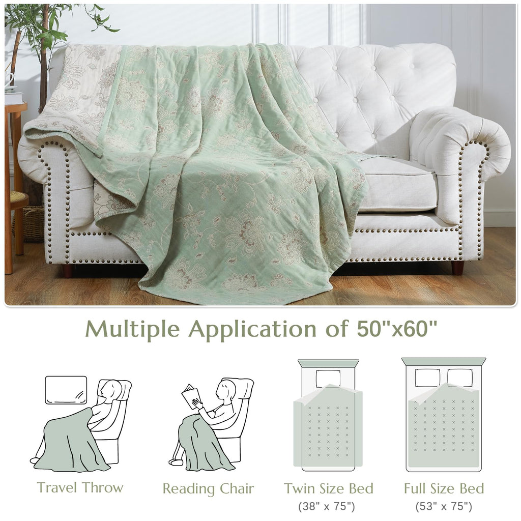 100% Cotton Muslin Blanket Twin Boho Blanket 50x60 Green/Beige