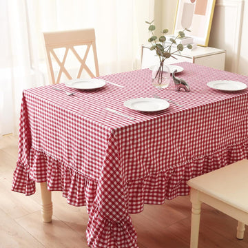 Red White Plaid Ruffled Table Cloth Rectangular for Seat 8-10, 100% Washed Cotton Buffet Cottage Coq