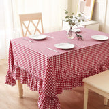 Red White Plaid Ruffled Table Cloth Rectangular for Seat 8-10, 100% Washed Cotton Buffet Cottage Coq