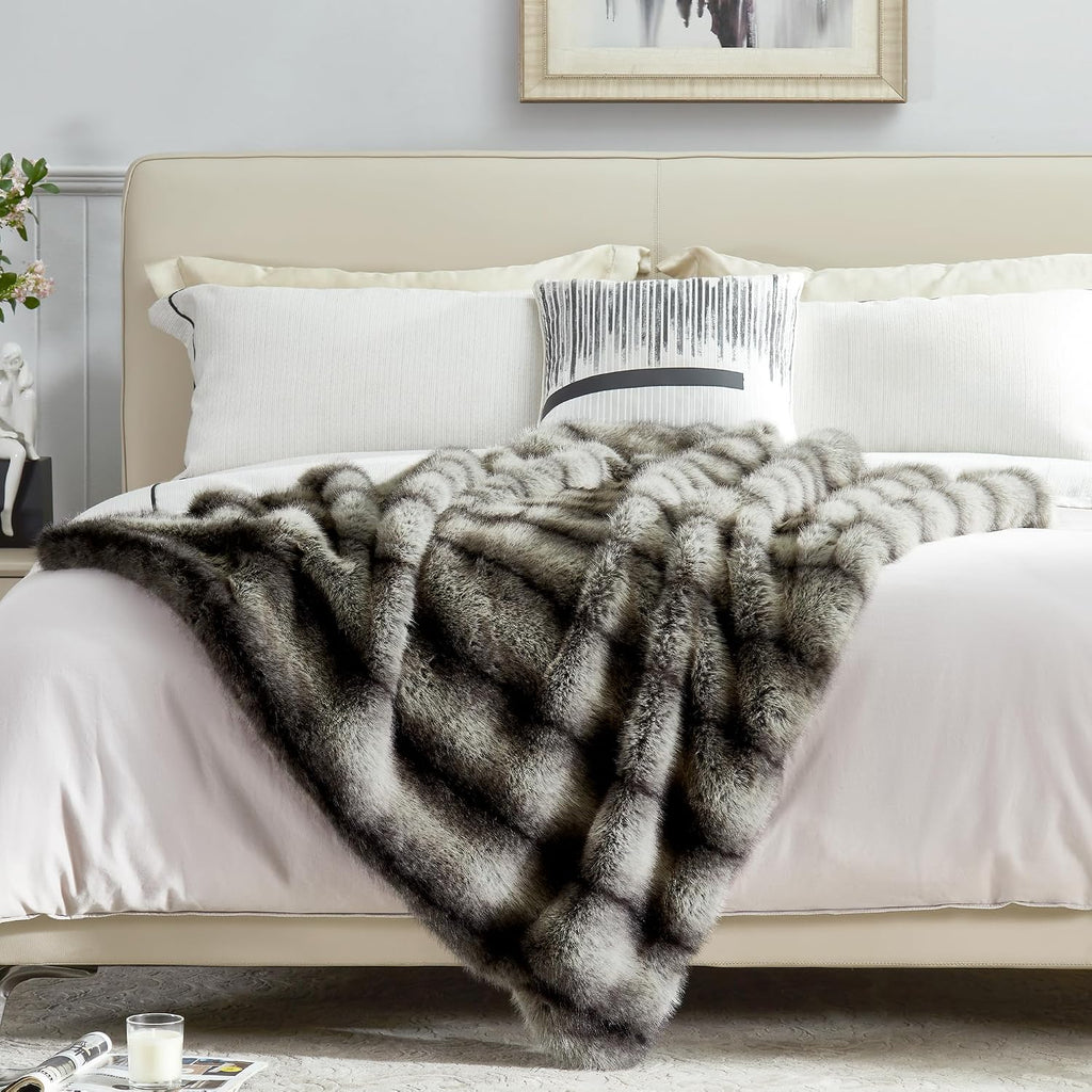Premium Luxury Fuzzy Animal Skin Faux Fur Throw Blanket 50" x 60", High-end Reversible Cozy Thick Wolf Fluffy Fox