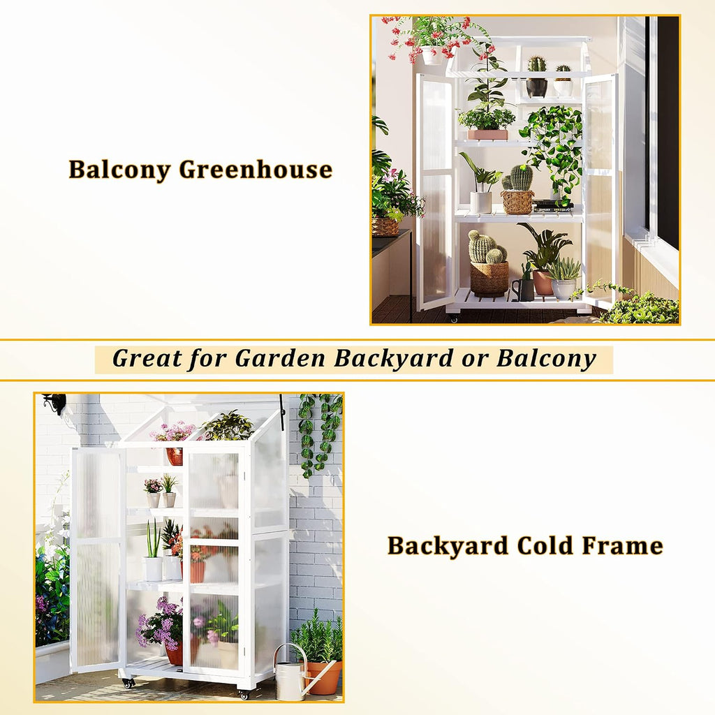 62" H Indoor Wood Greenhouse, Balcony Large Cold Frame with Wheels and Adjustable Shelves for Outdoor Indoor Use
