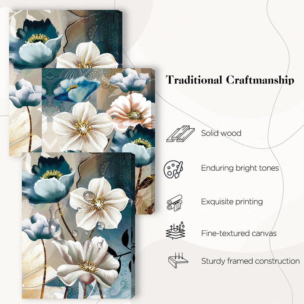 3 Piece Blue Lotus Wall Art, Floral Canvas Prints