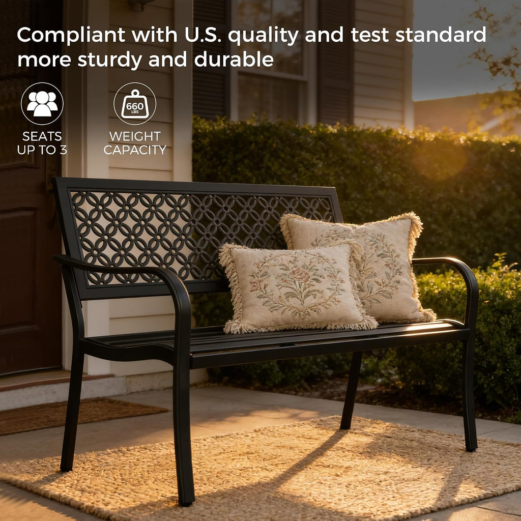 50" Outdoor Bench, Garden Bench with Armrests, Black | Anti-Rust Metal Powder Coated Frame, Patio Bench for Front