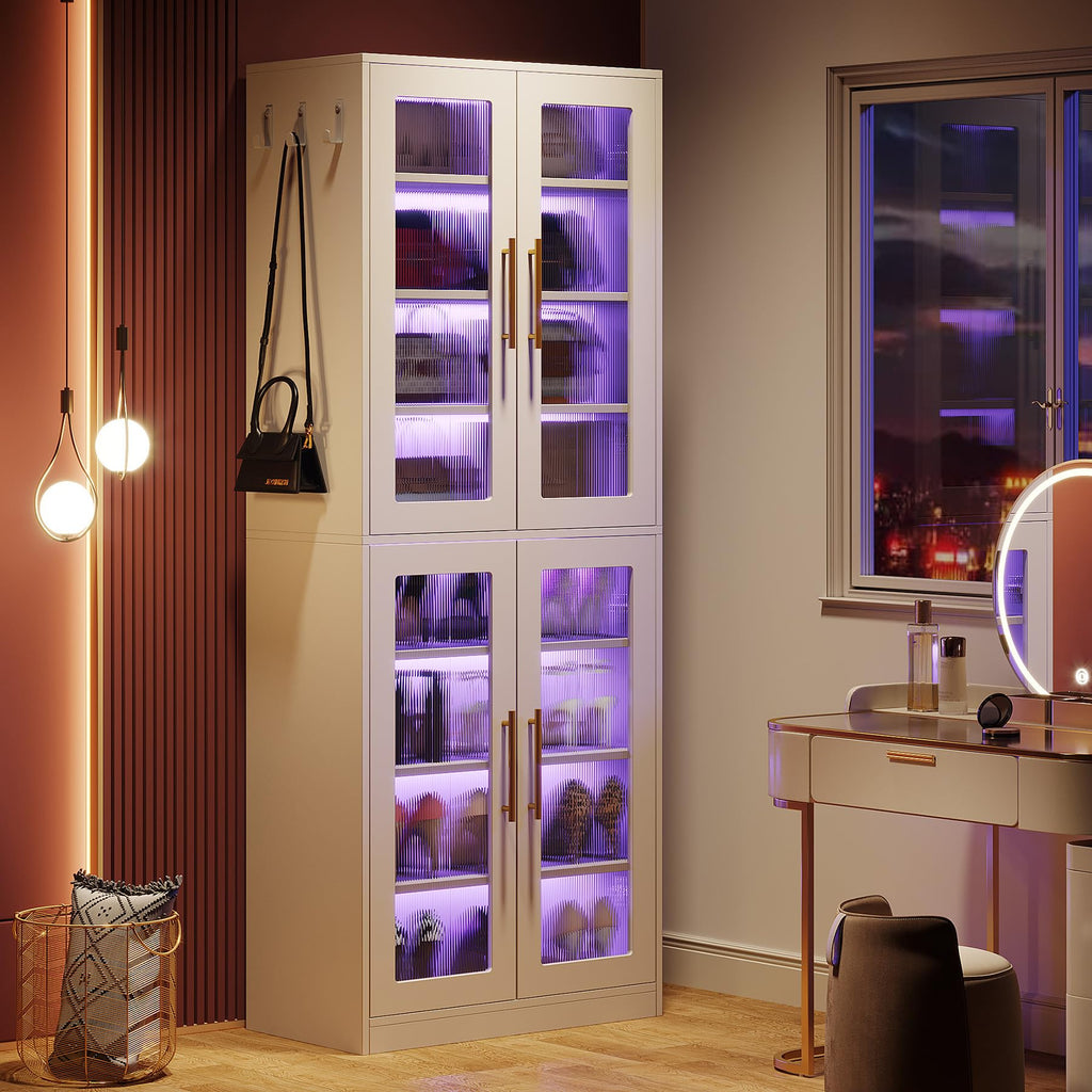 Tall Shoe Storage Cabinet with Acrylic Doors and LED Lights, 8-Tier Entryway Shoe Organizer Rack with Adjustable