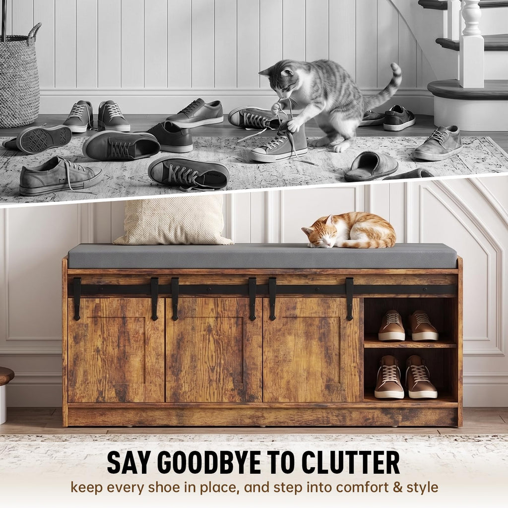 42" Farmhouse Shoe Storage Bench with Seating Cushion