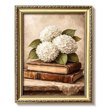 Vintage Gold Framed Hydrangea Wall Art, White Hydrangea Bouquet on Books Wall Decor Oil Painting, Floral Still Life