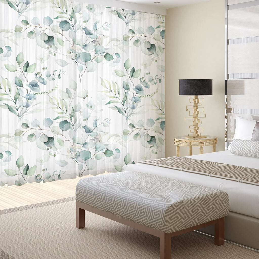 Green Eucalyptus Leaves Curtains 84 inch Length 2 Panels Set Elegant Floral Plant Spring Printed Window Curtain