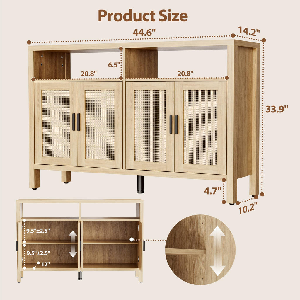 Rattan Buffet Cabinet with Storage, Sideboard with Doors, Console Table, Farmhouse Coffee Bar, Modern Wood Storage