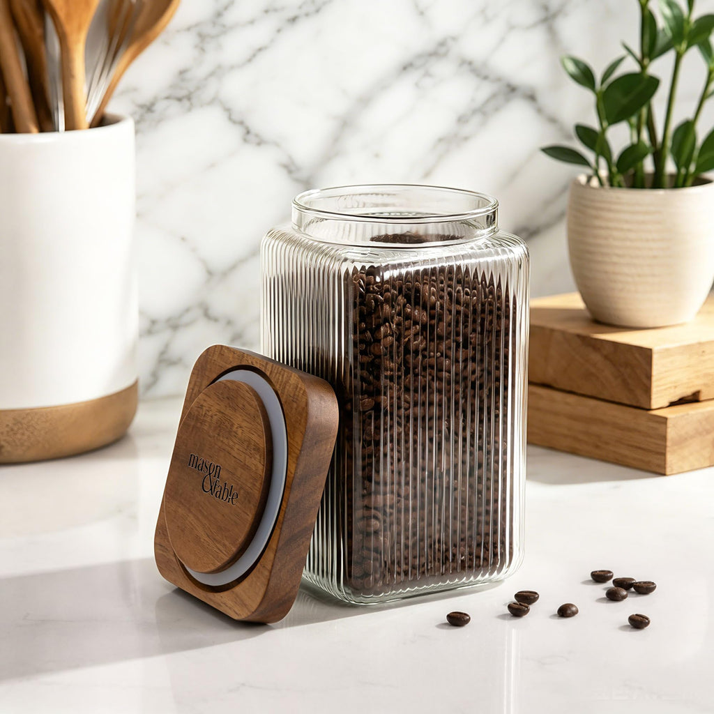 Ribbed Glass Square Jar with Wooden Lid 45fl.oz - Set of 3 | Airtight Fluted Storage Canister for Food, Pasta