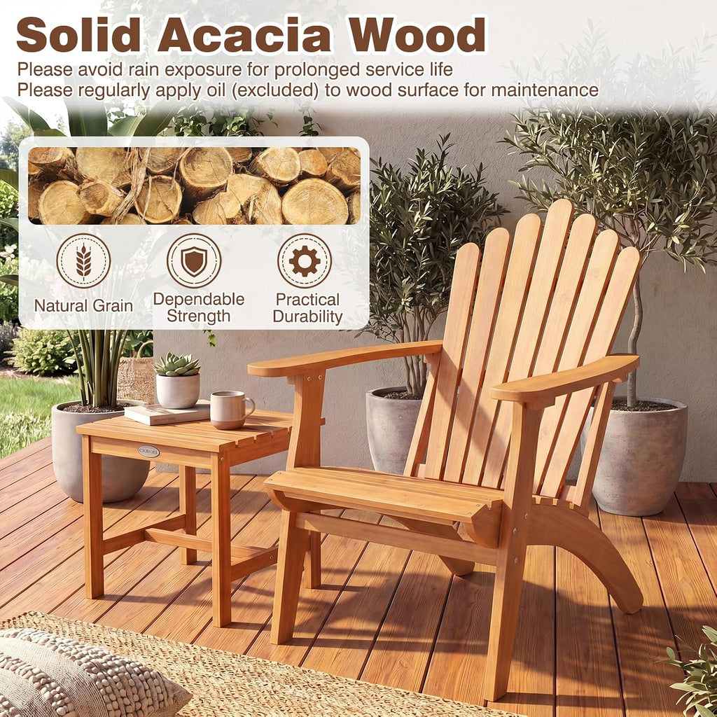 Adirondack Chair Set of 2 with Side Table (3 pcs,Natural) | Outdoor Patio Chairs, Solid Acacia Wood Fire Pit Seating